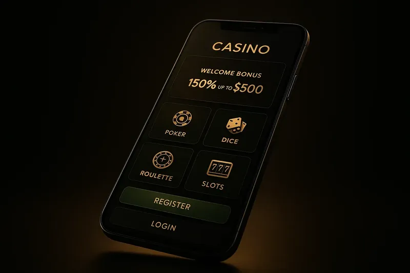 Modern smartphone showing dark premium casino app with green accents