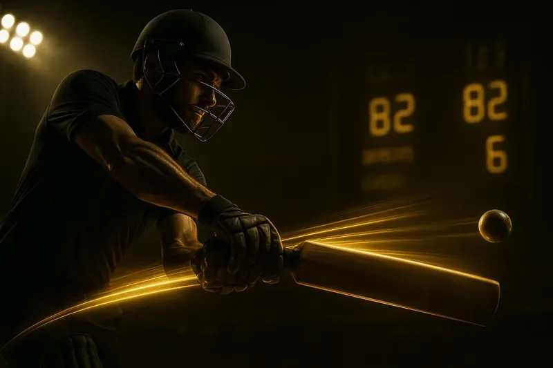 Cricket athlete in motion with neon speed trail in dramatic stadium
