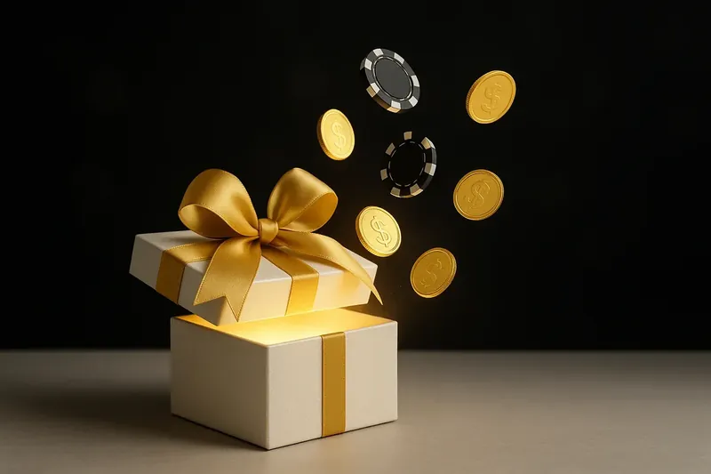 Premium gift box opening with gold light, casino chips and coins
