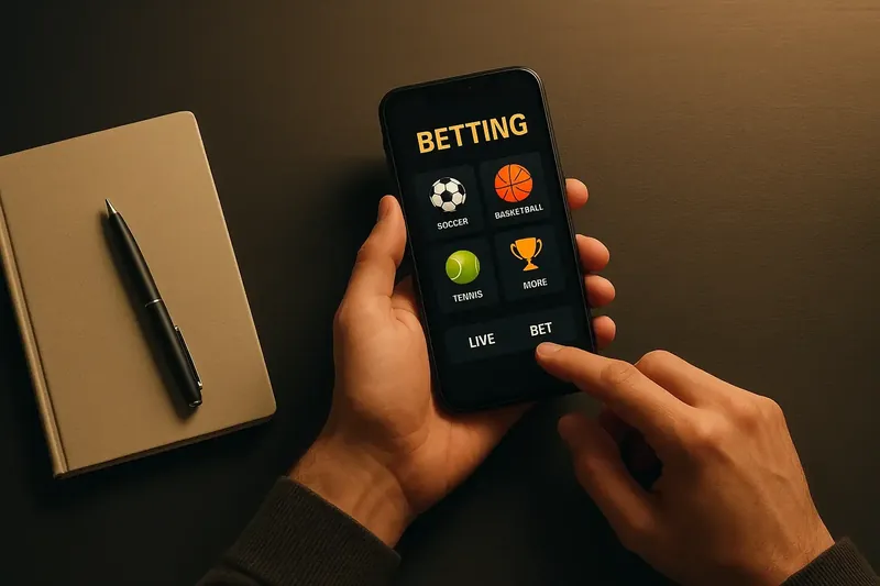 Man's hands using betting app on phone at desk