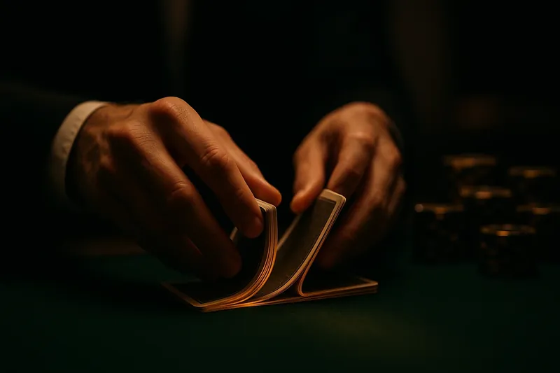 Dealer Shuffling Cards Close-up of dealer hands shuffling cards over green felt table