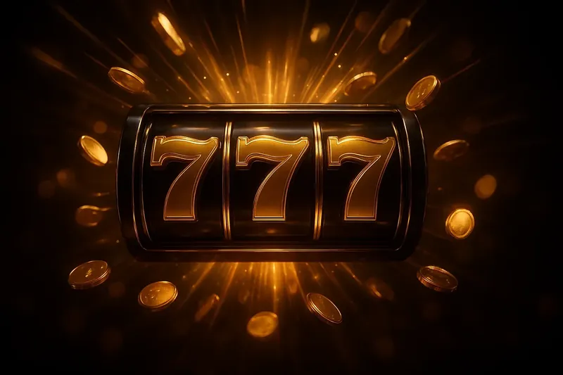Slot machine jackpot with golden 777, coins, and neon light beams